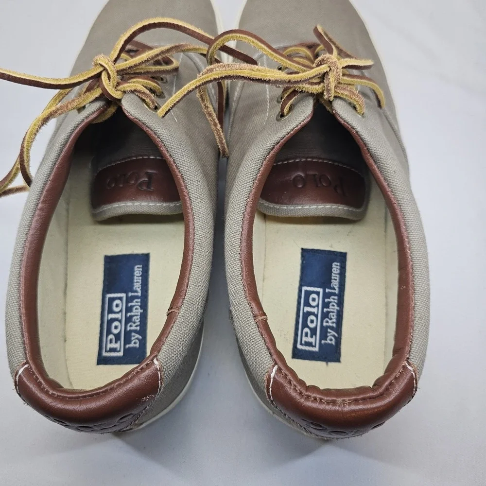 Polo Ralph Lauren Vaughn Canvas Sneakers Men's 11.5D Beige Brown Leather Lace Up